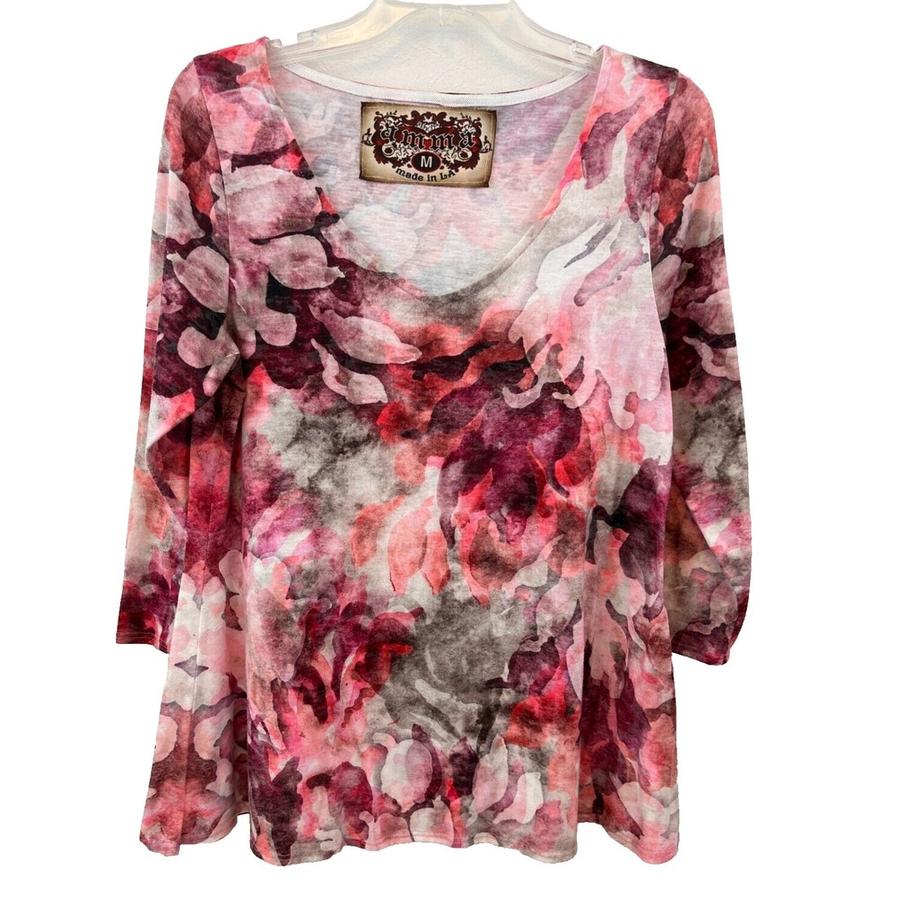 Amma Made in LA Tunic Top Women's Size M Pink Floral Blouse USA 3/4 Sleeve